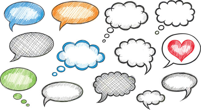 Colorful hand drawn scribble speech bubbles and thought clouds vector set with crayon texture sketch style for creative communication and social media design