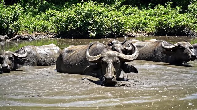 Water Buffalo Relaxing in River.