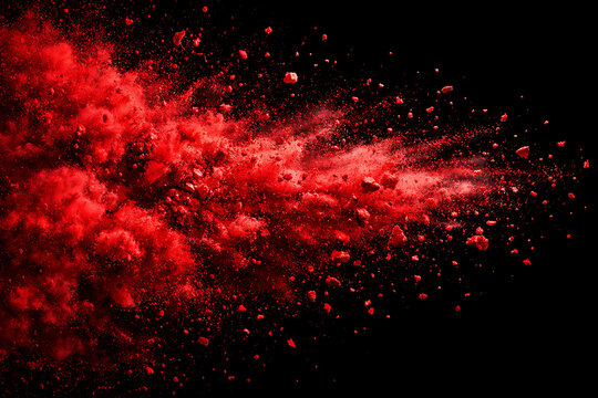 Bright red color powder explosion splashing dynamically across solid dark black background bringing intense energy for holi celebration and happy dola purnima traditional festival greetings