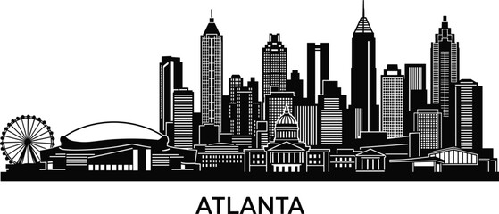Atlanta Georgia city skyline silhouette vector illustration featuring famous downtown landmarks architectural skyscrapers ferris wheel and georgia state capitol building on white background © Hosneara