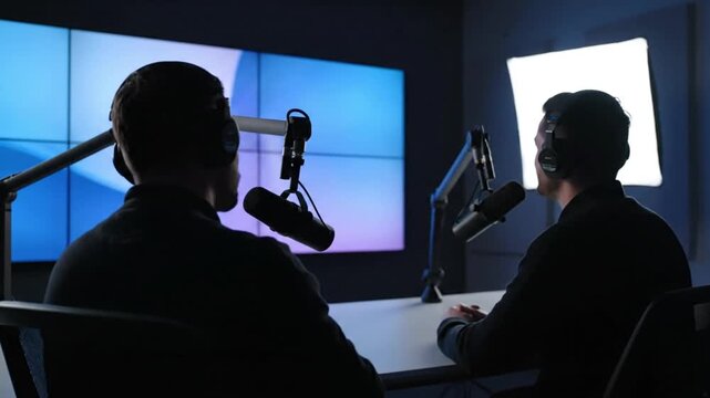 Over the shoulder rear perspective of two content creators hosting podcast in high tech studio professional condenser microphones shock mounts boom arms contemporary interior with subtle neon light st