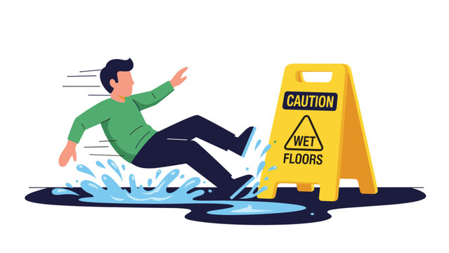 Man slipping and falling on a wet floor puddle next to a yellow caution sign illustrating a common workplace hazard.