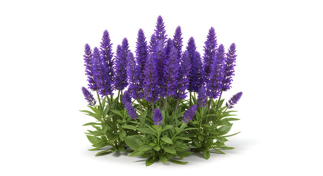 Bush of vibrant purple veronica flowers with green leaves on white background