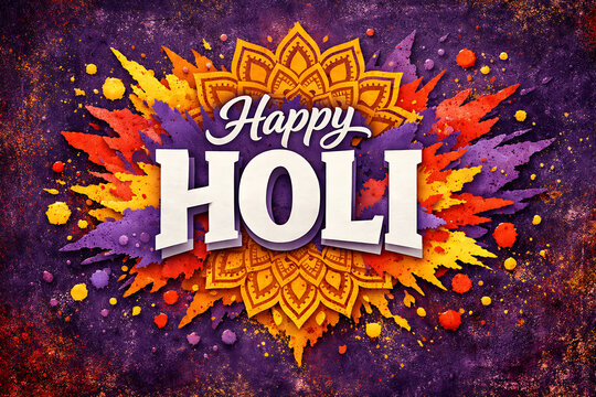 Creative flat lay typography design featuring a traditional mandala pattern surrounded by vivid holi powder splashes on a purple textured background for festive dola purnima