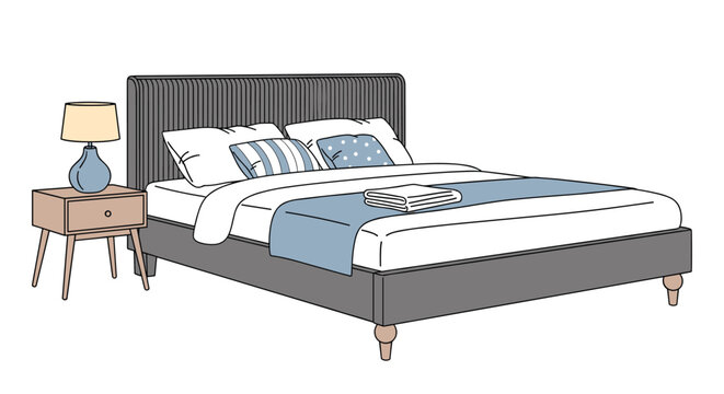 Contemporary bedroom interior with a stylish gray tufted bed accompanied by a blue runner pillows and a matching lamp on a wooden nightstand.