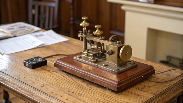 Vintage brass telegraph machine with Morse code key on a rustic wooden table, historical communication device.