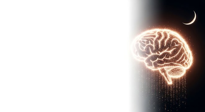 Glowing brain with sparks and crescent moon in night sky