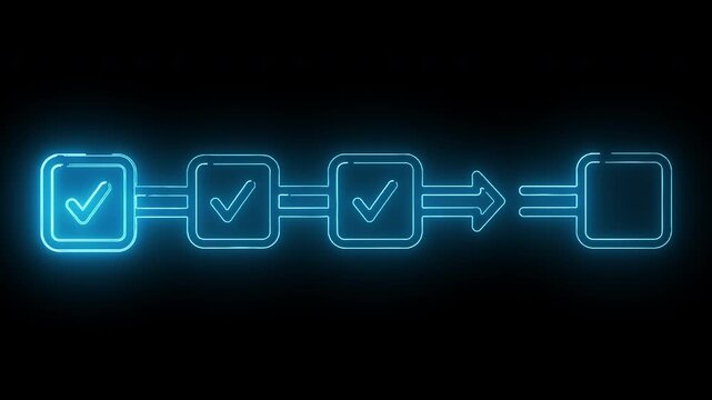 Neon-lit flowchart with checkmarks and arrow on a dark background