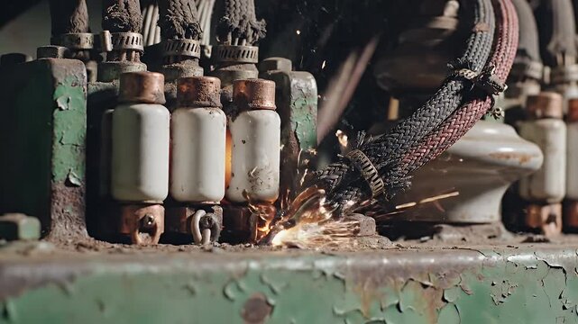 Close-up of sparking electrical components on weathered, rusty machinery