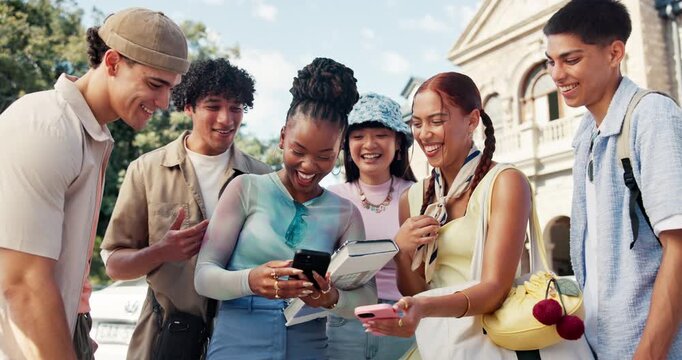 Students, phone and excited with friends in college for social media, admission results and contact. Academy, online university test scores and connection with people on campus for scholarship email