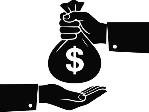 Hand giving money bag icon, cash payment and investment symbol, finance salary solid vector illustration