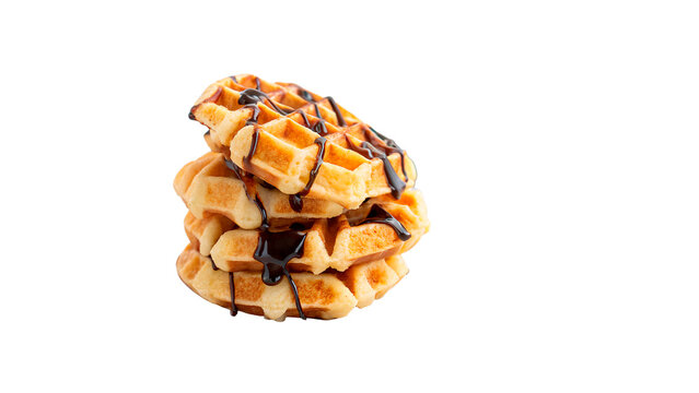 Stack of waffles with chocolate sauce on top  isolated on transparent background	