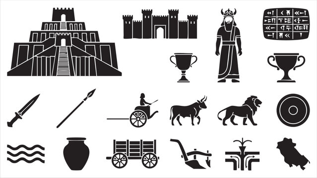 Sumerian and Mesopotamian icon set with ziggurat tower and babylonian fortress