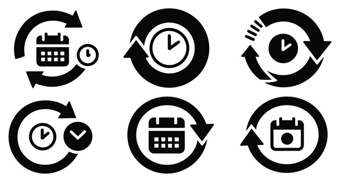 A black silhouette of a subscription renewal cycle icon set illustrating simple graphic elements, recurring subscription flow