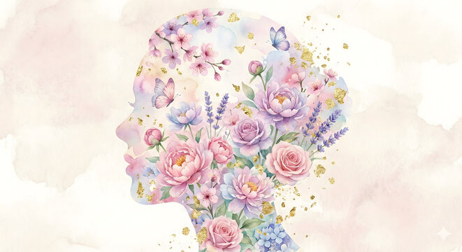 Vector illustration of a human face filled with flowers and butterflies.