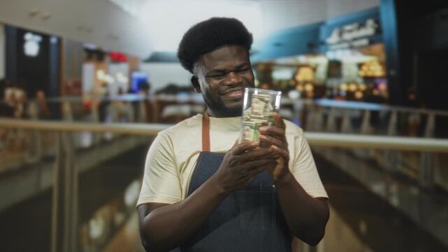 Man holding a tip jar of cash with hands while smiling in a shopping mall building; community giving generosity.