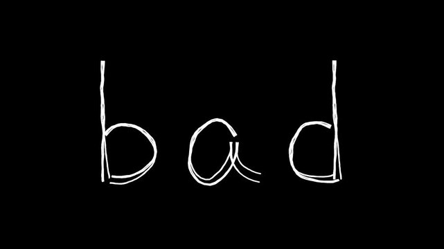 badの文字の落書き線画イラスト。線が動く手描きのアイコン動画。ループする4Kアニメーション。黒背景に白いペンでフリーハンドで描いた絵のデコレーションスタンプ
