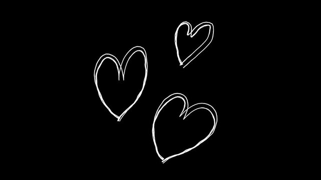3つのハートの落書き線画イラスト。線が動く手描きのアイコン動画。ループする4Kアニメーション。黒背景に白いペンでフリーハンドで描いた絵のデコレーションスタンプ
