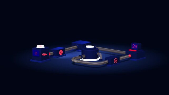 Isometric 3d illustration of connected servers database and computer with pipes symbolizing data processing cloud computing software development and network infrastructure on dark background