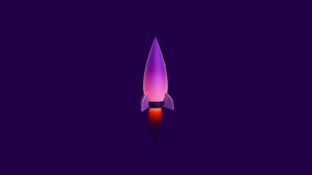 Minimal 3d rocket ship launching upward with glowing neon gradient flame on dark purple background representing startup growth innovation and space exploration concept