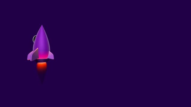 3d rendered rocket ship blasting off with bright flame and soft neon gradient colors isolated on deep purple background symbolizing business growth innovation and space travel