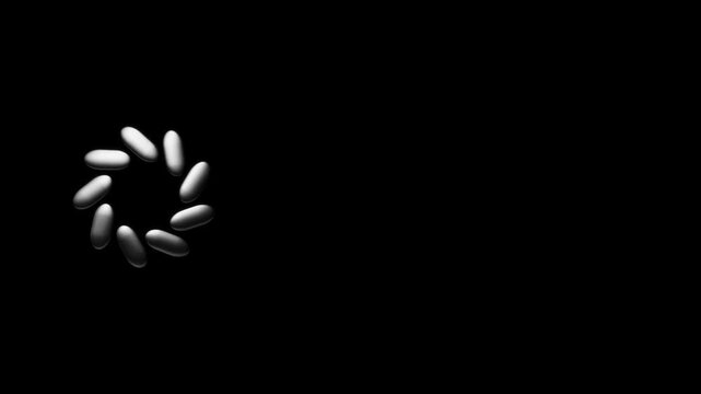 Minimal black capsule objects arranged in small circular pattern on dark background creating abstract modern 3d render with symmetry balance and rotation concept
