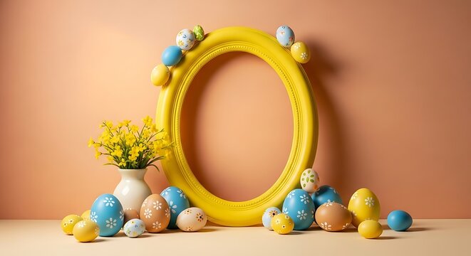 Easter still life with yellow frame and colorful eggs