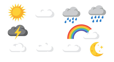 Obraz premium Collection of nine diverse weather forecast icons including a bright sun fluffy clouds stormy thunderclouds with lightning heavy rain showers a vibrant rainbow and a crescent moon