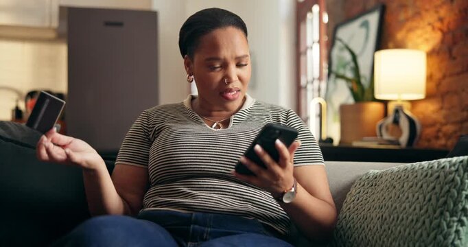 Credit card, mistake and black woman on sofa with phone for online shopping, transaction fail and error. Home, confused and person on bank app for ecommerce, payment issue and glitch for digital sale
