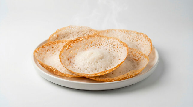 A plate of freshly made, steaming hot South Indian appam or hoppers, displaying their characteristic lacy edges and soft, fluffy centers.