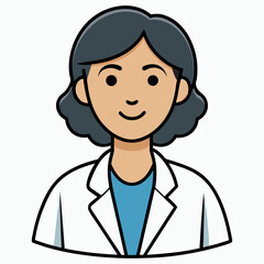 Fototapeta premium Cartoon scientist with black hair wearing white lab coat and blue shirt smiling confidently on simple white background