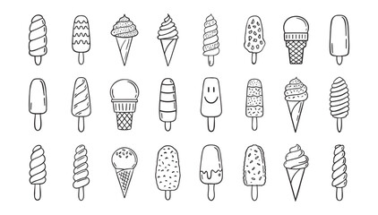  ice cream doodle hand drawn icon set. Outline drawing ice cream line clipart symbol collection