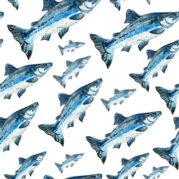 Salmon fish seamless watercolor pattern