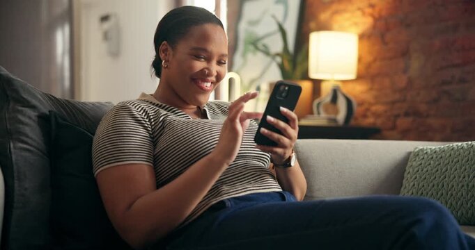 Phone, scroll and smile with black woman on sofa for ebook subscription, relax and contact. Digital reading app, online blog and communication with person in living room of home for weekend break