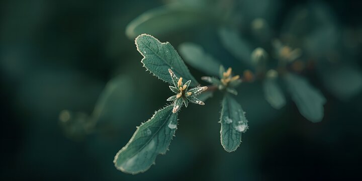 Fresh green eucalyptus leaves with morning dew drops in soft natural light close-up