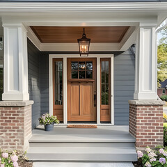 Modern farmhouse entrance with wooden door and sidelights