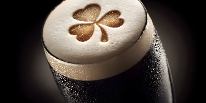 Dark stout beer with a creamy foam head and a perfectly imprinted shamrock on top, chilled glass with condensation. Beverage concept