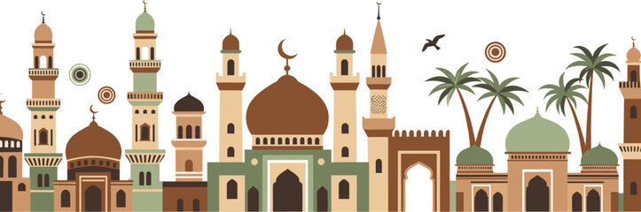 Islamic Mosque Skyline Panorama, Flat Earth Tone Masjid Architecture with Palm Trees and Minarets Vector Illustration for Ramadan and Eid