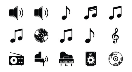 Collection of black music symbols instruments and audio equipment icons © MdNirob