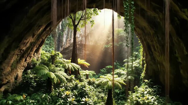 Lush jungle cave with sunlight streaming through hanging vines