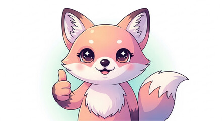 Cute cartoon fox with thumb up gesture standing alone on white background with green shadow