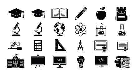 Black and white icons representing various educational subjects and tools © MdNirob