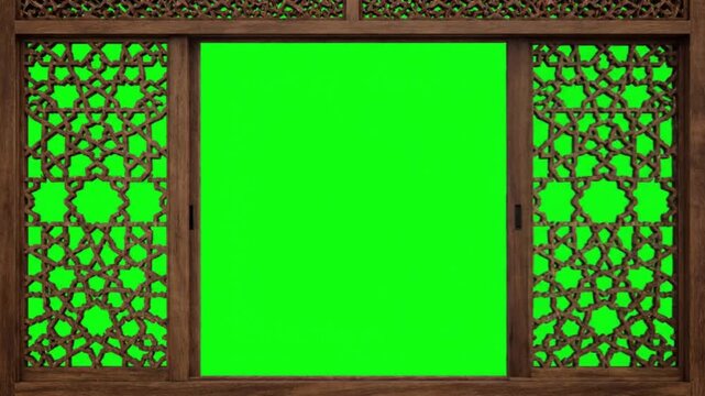 Green screen within an ornate wooden frame with lattice panels
