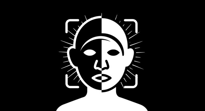 Mysterious half-lit face under surveillance with geometric rays and grid overlay