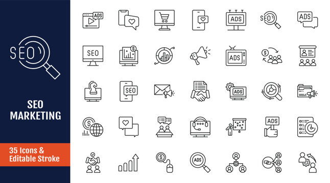 Marketing and SEO icons set. Outline icon with Editable stroke. Vector illustration