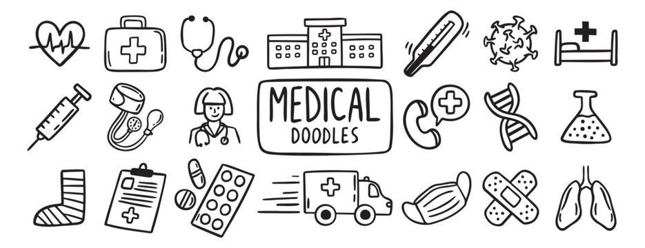 medical health care doodle hand drawn icon set. Outline drawing medical health care items line clipart symbol collection. Outline drawing line clipart symbol collection