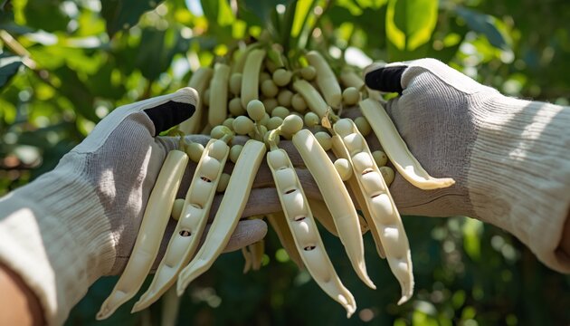 Hands Wearing Garden Gloves picking Lobia (Black-eyed Peas)