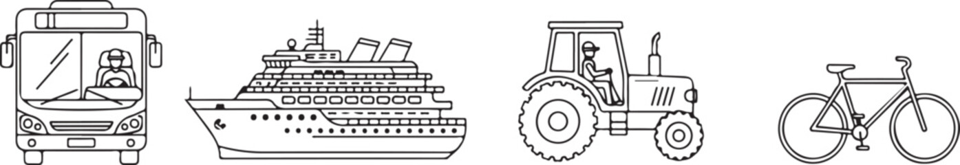 Obraz premium Diverse Transportation Icons: Bus Cruise Ship Tractor Bicycle Isolated on white background