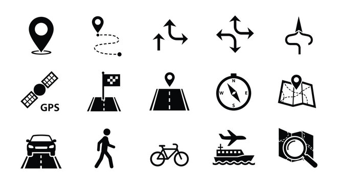 Collection of black and white navigation and location icons displayed together