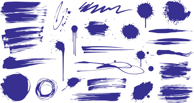 The image features a vibrant collection of blue watercolor brush strokes and splatters arranged against a clean white background